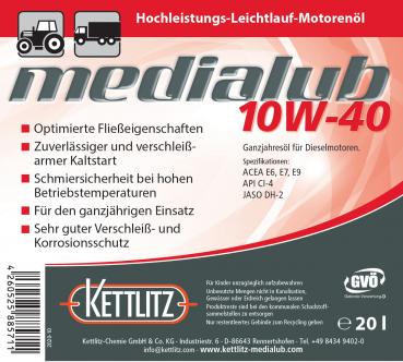 KETTLITZ-Medialub 10W-40 Hochleistungs-Leichtlauf Motorenöl API CI-4; ACEA, E6, E7, E9 - 20 Liter Gebinde